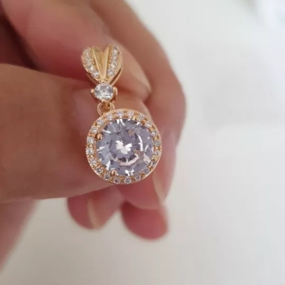 Gold Heart Stud with Round CZ Earrings - Picture 2 of 3